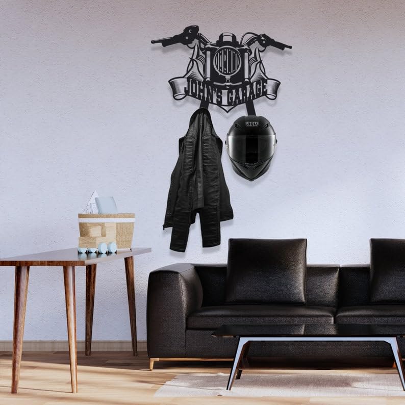 Motorcycle Wall-Mounted Helmet and Jacket Hanger – Personalized Garage Decor with Durable Metal Design, Perfect for Biker Accessories
