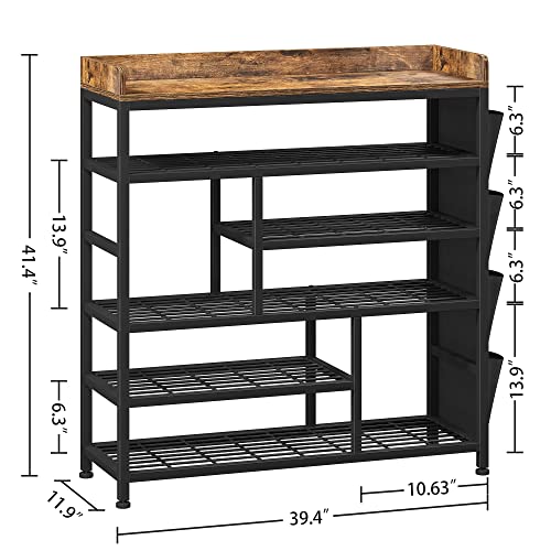 EnHomee Shoe Rack for Entryway, 6 Tier Shoe Organizer with Adjustable Shelves, 22 Pairs, Shoe Shelf with Wooden Top and Side Pocket for Closet, Entryway, Living Room, Rustic Brown & Black
