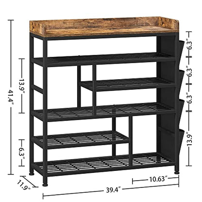 EnHomee Shoe Rack for Entryway, 6 Tier Shoe Organizer with Adjustable Shelves, 22 Pairs, Shoe Shelf with Wooden Top and Side Pocket for Closet, Entryway, Living Room, Rustic Brown & Black