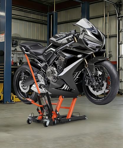 Hydraulic Motorcycle Lift Jack 1500 Lbs, Heavy Duty Steel Scissor Lift Stand with Wheels, Adjustable Height 4.53"-15.35" for Motorcycle, Dirt Bike, ATV, UTV, Garage Repair - color: Orange