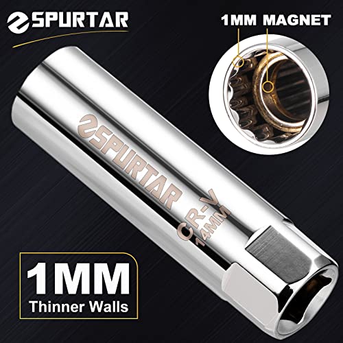 Spurtar 14mm Spark Plug Socket 3/8-inch Drive Thin Wall Magnetic Spark Plug Socket - 12-Point Design Compatible with BMW, Mercedes, Nissan, Mini Motorcycle, SUV, Car - size: 14mm Magnetic