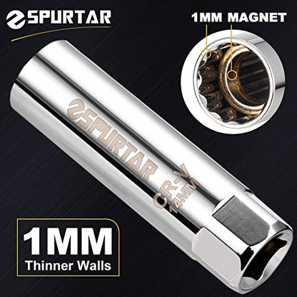 Spurtar 14mm Spark Plug Socket 3/8-inch Drive Thin Wall Magnetic Spark Plug Socket - 12-Point Design Compatible with BMW, Mercedes, Nissan, Mini Motorcycle, SUV, Car - size: 14mm Magnetic