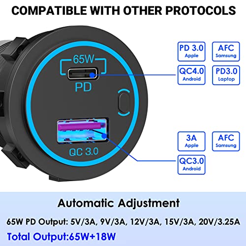 83W 12V USB Outlet Laptop Charger: 2 Pack 65W USB-C PD3.0 and 18W QC3.0 Multi Car Port 12V Socket Waterproof with Power Switch for Car Boat Marine Bus Truck Golf Cart RV Moto, etc. - color: 65W
