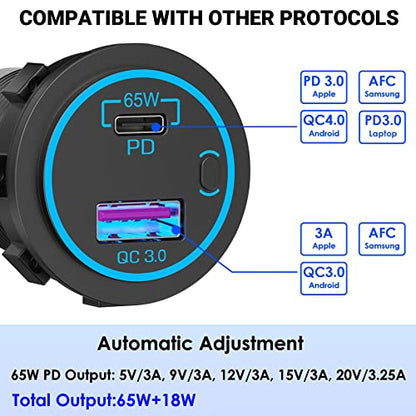 83W 12V USB Outlet Laptop Charger: 2 Pack 65W USB-C PD3.0 and 18W QC3.0 Multi Car Port 12V Socket Waterproof with Power Switch for Car Boat Marine Bus Truck Golf Cart RV Moto, etc. - color: 65W