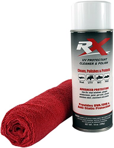Hardline Products USA RX UV Protectant Cleaner & Polish – Advanced Marine & Powersport Detailing Spray for Vinyl, Isinglass, Plastic, & Strata Glass – 100% UVA/UVB Protection with Microfiber Towel