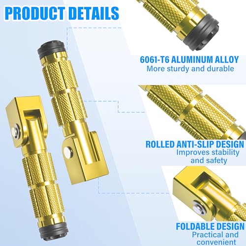 M8 Motorcycle Foot Pegs Folding Rearsets-90 Degree Foldable Footrest Fit 0.86-1.37in Brackets, Anti-Skid CNC Footpegs with Rubber Gasket for Pit Bike Dirt Bike Adventure Touring Bikes (Gold) - color: Gold