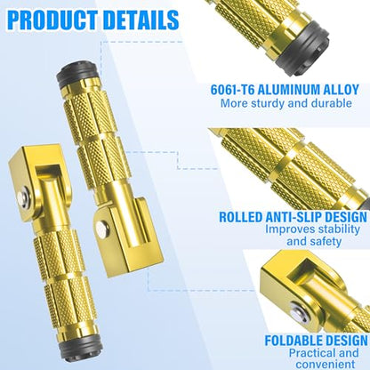 M8 Motorcycle Foot Pegs Folding Rearsets-90 Degree Foldable Footrest Fit 0.86-1.37in Brackets, Anti-Skid CNC Footpegs with Rubber Gasket for Pit Bike Dirt Bike Adventure Touring Bikes (Gold) - color: Gold