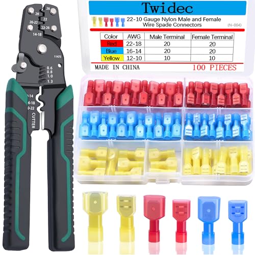 Twidec/100PCS Nylon Spade Connectors Kit 22-10 Gauge Quick Disconnect Fully Insulated Male and Female Wire Spade Terminal Assortment Kit and Wire Crimper Tool with Stripper Cutter - color: Multicoloured Nylon 100PCS+3-in-1 Crimper Tool