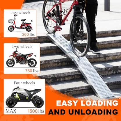 72.5" Heavy Duty Folding Loading Ramps, 1500lb Capacity, Ideal for Motorcycles, Lawn Mowers, ATVs, UTVs, and More – Pack of 2 with Safety Straps and Gloves