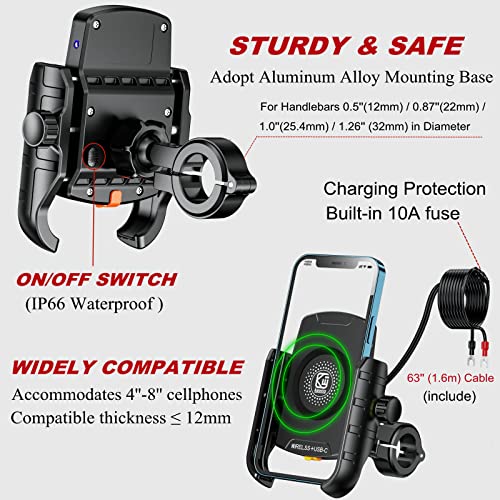 BRCOVAN Motorcycle Phone Mount Holder with Wireless & USB-C Charger | Qi 15W & PD 20W, Waterproof Cellphone Cradle with Aluminum Alloy Handlebar Mounting Base for 4'' - 8'' Smartphones