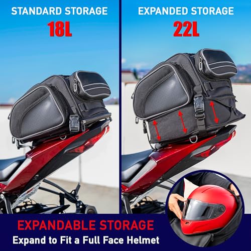 Nomad Motorcycle Tail Bag 18-22L – Expandable Waterproof Rear Seat Bag, Sissy Bar Luggage, Helmet Fits, Touring Motorcycle Bag, Cruiser, Sportster, Softail, Dyna, Dual Sport