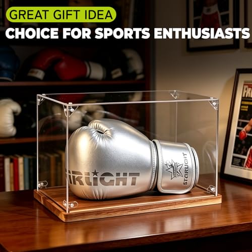 Boxing Glove Display Case, Clear Acrylic Showcase with Wood Base Plank for Single Glove, Full Size UV Protection Souvenirs and Collectibles Box,Ideal Gift for Boxing Fans, Athlete - size: 14ln×9ln×1.5ln