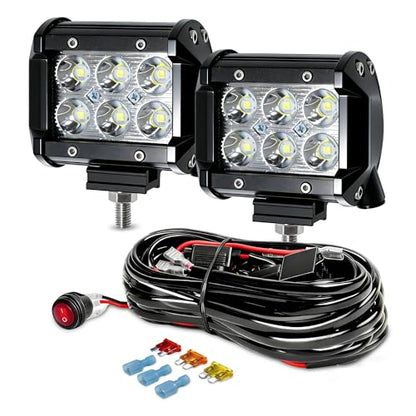 LED Light Bar 2PCS 36W 4 Inch Flood Spot Combo LED Work Light Pods Triple Row Work Driving Lamp with 12 ft Wiring Harness kit - 2 Leads