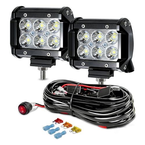 LED Light Bar 2PCS 36W 4 Inch Flood Spot Combo LED Work Light Pods Triple Row Work Driving Lamp with 12 ft Wiring Harness kit - 2 Leads