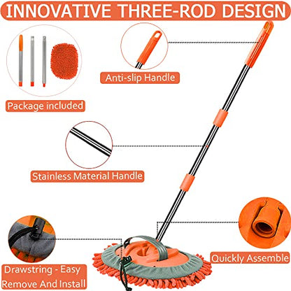 WillingHeart 47.5" Car Wash Brush Mop Cleaning Tool with Long Handle Kit for Washing Detailing Cars Truck, SUV, RV, Trailer, Boat 2 in 1 Chenille Microfiber Sponge Duster Not Hurt Paint Scratch Free - color: Orange