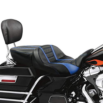 C.C. RIDER Blue Motorcycle Seat - Driver Seat Cushion Rally Stripe Tuck and Roll fit for Harley Touring Road King Street Glide Road Glide Electra Glide 2009-2023 - color: Black Blue