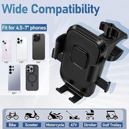Motorcycle Phone Mount, Bike Bicycle Mount Handlebar Cell Phone Clamp Ebike Scooter Phone Clip for iPhone 16 Pro Max/Plus, 15 Pro Max, S10, S20, More 4.7" to 6.8" Smartphones