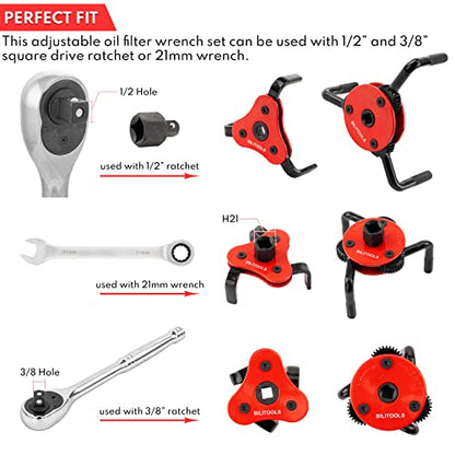 BILITOOLS Adjustable Oil Filter Wrench – Universal Oil Filter Removal Tool, 1/2" Drive, Fits 2-1/2"–5-1/8" Filters