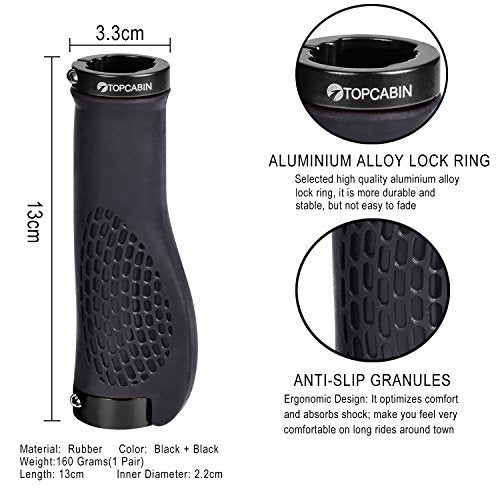 TOPCABIN Ergonomic Bike Grips - Widen Holding Rubber Grips with Aluminum LockGrips for Mountain & Road Bikes - color: Black