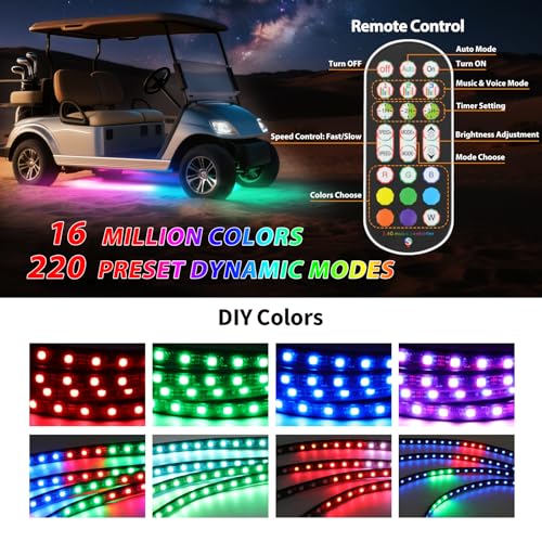 4PCS Golf Cart Underglow LED Light Strip Kit,12-80V,IP65 Waterproof Neon Accent Lighting Kits, Golf Cart Canopy Lights,Glow Neon Underbody Lighting with APP and Remote Control