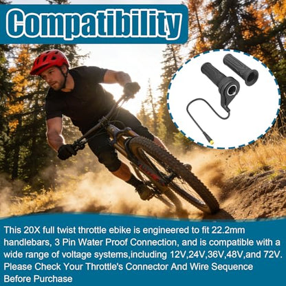 20X Full Twist Throttle Grip, 3 Pin Water Proof Connection | Compatible with Ebike 12V-72V, Electric Bike Throttle, with Waterproof Connector, Electric Bicycle, E-Scooter, Mountain Bike