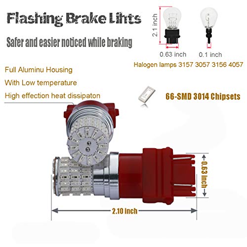 iBrightstar 9-30V Flashing Strobe Blinking Brake Lights 3157 3057 3156 3056 LED Bulbs Replacement for Tail Brake Stop Lights, Brilliant Red