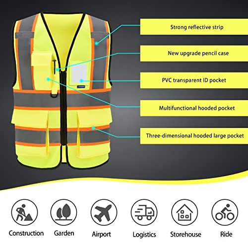 AYKRM Security Vest for Men Women 7 Pockets High Visibility Reflective Safety Vest Front Zipper Meets ANSI/ISEA - color: Yellow-observer, size: Large
