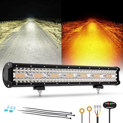 Auxbeam 6 Modes Amber White Series, 20 Inch LED Light Bar 420W, Strobe Light Flashing Warning Emergency, Spot Flood Combo Off Road Light for Trucks, Cars, ATVs, UTVs, Boats - color: 20"