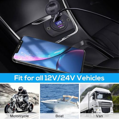 Linkstyle 12V USB Outlet, 30W PD Port & 18W QC3.0 USB A Port Charger Socket with Button & LED Voltmeter for Car Boat Motorcycle RV