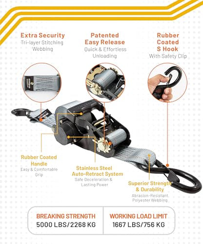 Strapinno Retractable Ratchet Tie-Down Straps,5,000 lbs Breaking Strength- 2 in x 12 ft Heavy Duty Ratchet Strap with Safety Lock S Hooks for Motorcycles, ATVs, UTVs, Lawn Equipment & Cargo (Gray) - color: Gray