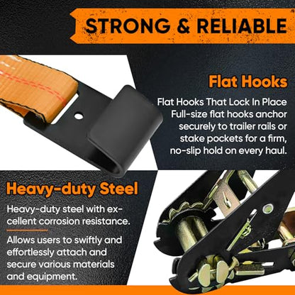 4 Pack Car Tie Down Straps for Trailers - 2" x 96" - 9900LBS Break Strength - Heavy Duty Tire Ratchet Straps with Flat Hooks for Hauling UTV, SUV, Truck, Any Cars - color: Orange