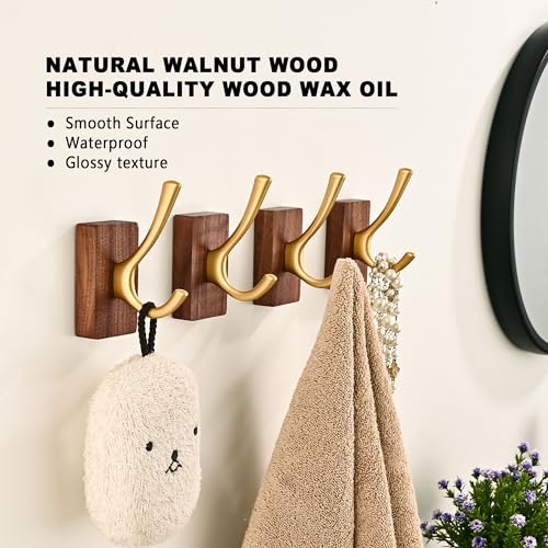 4 Pack Walnut Wood Wall Coat Hooks for Hanging, Adhesive Mounted & Wall Mount Heavy Duty Wooden Double Hook Hanger for Towel Backpack Hat Jacket Clothes Blanket Purse Robe Key Gold Hook - color: Gold Coat Hooks