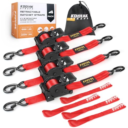 Retractable Ratchet Straps 2" x 10ft, 3,000lb Break Strength, Heavy Duty Easy Release Tie Down for Trucks, Trailers, Motorcycles, ATVs, Secure Cargo KODIAK STRAPS (Red, 4Pack) - color: Red, size: 2INCH*4PACK