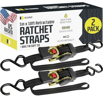 DC Cargo Mall Auto Retractable Ratchet Straps (2-Pack) 1” x 10ft, Heavy Duty, 1,209lb Break Strength – Tie Down Straps for Cargo, Truck, Trailer, Motorcycle, Boat