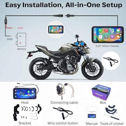 6.25" Motorcycle Carplay & Android Auto Touch Screen | GPS Navigation System with Bluetooth & Wifi, Navigation, Siri, Google Assistant with Wire Control