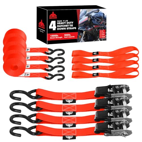 Jack Boss Ratchet Tie Down Straps Set, 1500 lbs Break Strength, 1" x 15' Heavy Duty Ratchet Straps with 4X Soft Loops Padded Handles Coated S Hook, Fits for Moving Appliances Motorcycle, Orange-Red - color: Red
