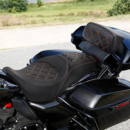 C.C. RIDER Classic Seat Backrest Pad - Driver Seat Rider Sissy Bar Passenger Backrest Pad Kit fit for Harley Davidson Touring Road King Street Glide Electra Glide Road Glide 2014-2023 - color: Seat + Passenger Sissy Bar Black Orange
