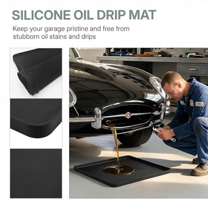 Oil Spill Mat for Under Car, Garage Floor Mat Drip Tray, Soft Silicone Oil Drip Pan with Raised Edge, Non-Slip No Splatter Driveway Pad for Auto & Home Floor Protection