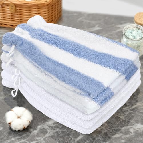 VOOVA & MOVAS 6-Pack Bath Mitts for Shower, 8.3x6.3 Inch 100% Cotton Soft Absorbent Wash Cloths with Hanging Loop, European Style Bath Mitt for Body & Spa, Blue Stripe & White - color: Blue Stripe&white
