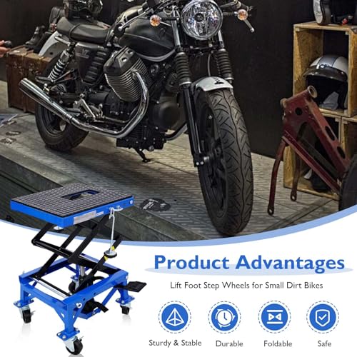 Hydraulic Motorcycle Lift Table, 350 lbs Capacity Scissor Jack Lift with Wide Deck, J-Hooks, 4 Wheels, Foot-Operated Jack Stand for ATV Dirt Bikes (Blue) - color: Blue