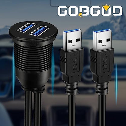 Double Ports USB 3.0 Car Flush Mount Cable, USB Dash Mount Adapter Male to Female for Car Truck Boat Motorcycle Dashboard Panel 1ft - style: Dual Port 1ft