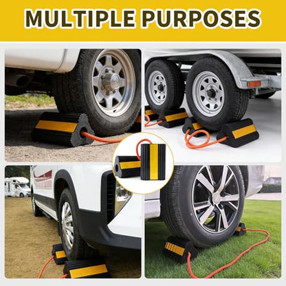 Wheel Chocks for RV Trailer 2 Pair /4pack with Rope & Reflective Strips Rubber Wheel Chocks Heavy Duty Tire Stopper for Camper, Truck, Car, Travel Trailer