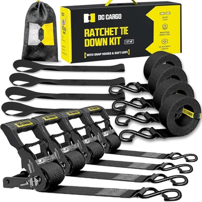 DC Cargo Mall Ratchet Straps Tie Downs 4 Pack (5,000 LB Break Strength) 1.5" x 8 Feet Tie Down Straps with Safety Lock S Hooks for Cargo, Trucks, Appliances, Moving - size: 1.5" x 8'