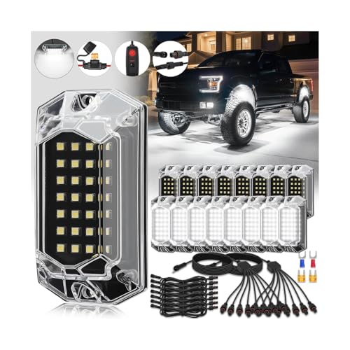 16Pods Full Angle All Pure White LED Rock Lights Full Kit Plug and Play & Pre Wired 6500K with Switch Harness Wiring Extension Fuse, 448Chips Waterproof Underglow 12V for Semi Trucks Pickup Offroad - size: 16Pods