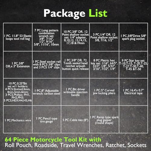 Mofun 64-Piece Motorcycle Tool Kit Universal with Roll Pouch Roadside Travel Wrenches, Ratchet Universal Compatible with Cars Fit Trucks Fit Motorcycles Fit Enduro Dirt Bikes Fit UTVs Fit ATVs, Red - color: Red