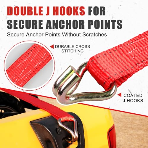 AWELCRAFT Ratchet Straps Heavy Duty 4 Pack,4500lbs Breaking Strength,1.5in×15ft Tie Down Ratcheting Strap with Padded Handles, Double J Hooks & Soft Loops for Motorcycle,Trailer & Trucks (Red) - color: Red