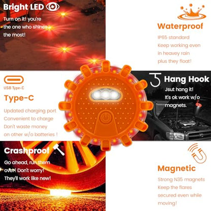 Ecoangel USB-C Rechargeable LED Road Flares Emergency Lights-Large Capacity (Lithium Battery) 3 in 1 Cable Roadside Warning Car Safety Beacon Flashing Disc Kit with Magnetic Base for Vehicles - color: USB-C 12PACK