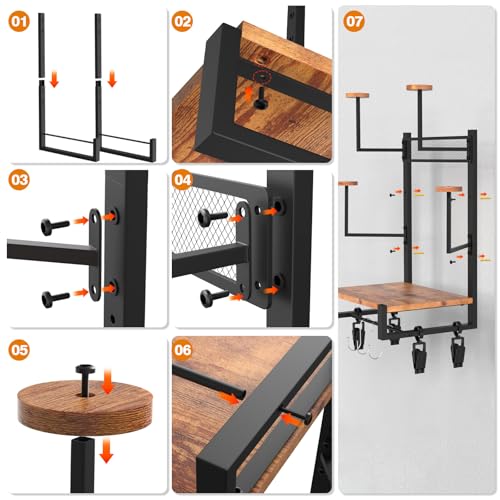 TheElves Motorcycle Helmet Holder Wall Mount, Heavy-Duty Helmet Rack with 4 Helmet Holder & 4 Glove Clips & 4 Hooks, Rustic Wooden Motorcycle Gear Storage Organizer for Helmets, Jackets, Accessories