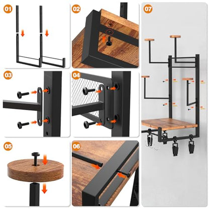 TheElves Motorcycle Helmet Holder Wall Mount, Heavy-Duty Helmet Rack with 4 Helmet Holder & 4 Glove Clips & 4 Hooks, Rustic Wooden Motorcycle Gear Storage Organizer for Helmets, Jackets, Accessories