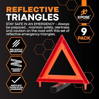 Xpose Safety Reflective Emergency Triangles – 9 Kits (27 Triangles) – DOT Approved Roadside Car Safety Warning Reflectors – Red & Orange Automotive Vehicle Hazard Visibility Markers - size: 9 Packs